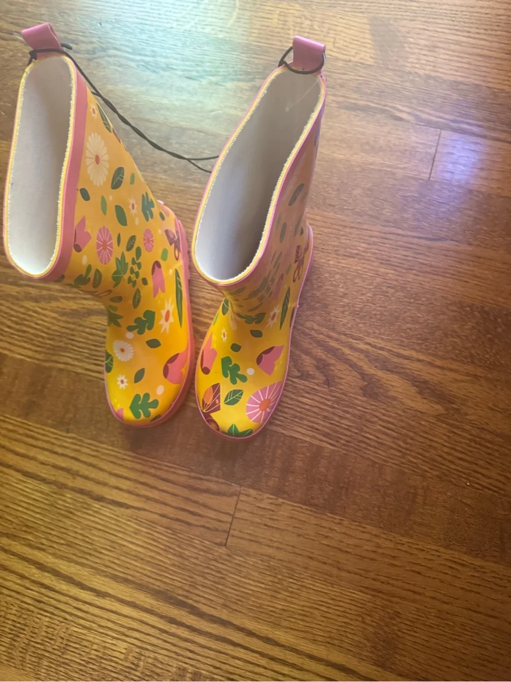 Kid made modern Waterproof Yellow Floral Rain Boots with Pink Trim large